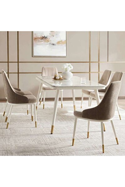 PAN HOME Brooklyn V2 1+6 Dining Set Marble - Brown & White