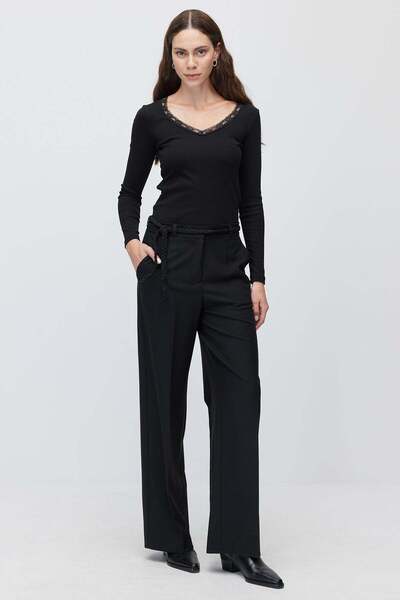 PAULMARK Women's high-waisted pants with knitted waistband detail