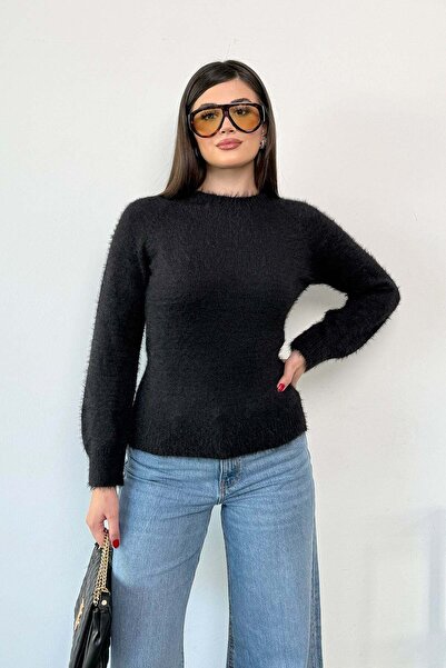 GİYSA Women's Crew Neck Bearded Knitwear Sweater Black - 27K 2637