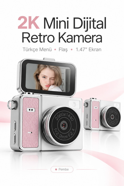 Tinytek 2K HD Ekranlı Mini Dijital Retro Video Kamera Flaşlı ve 180° Dönebilen Ekran Vlog Fotoğraf Makinesi - Türkçe Menü