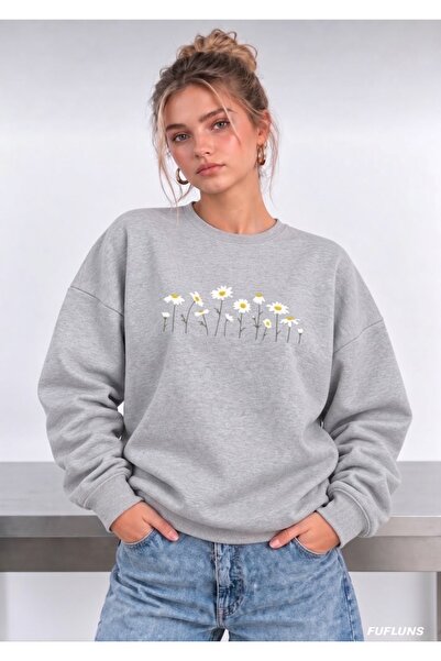 FUFLUNS Papatyalar Front Printed Oversized Women's Crewneck Sweatshirt