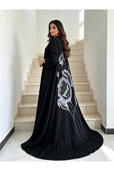 Noon Noora Abaya Robe Cardigan with Artistic Back Ink Painting Print and Beads