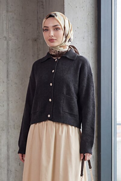 HİJABAYA Double Pocket Shirt Collar Buttoned Soft Long Sleeve Flowy Hijab Kni...