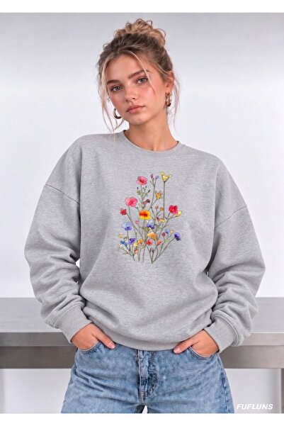 FUFLUNS Colorful Flowers Printed Oversize Women's Crewneck Sweatshirt