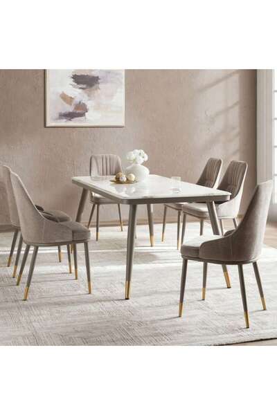 PAN HOME Brooklyn V1 1+6 Dining Set Marble - Grey & White