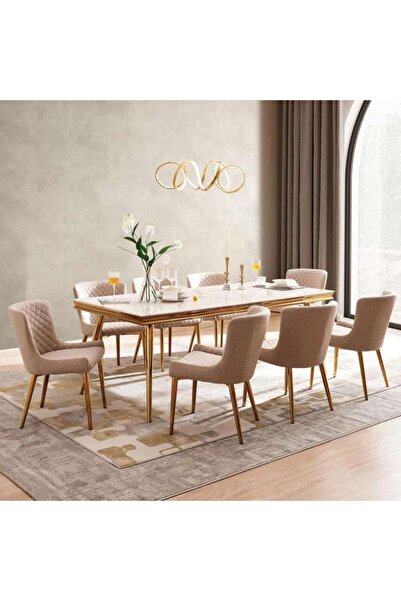 PAN HOME Glasgow 1+8 Dining Set Marble - Beige Gold"