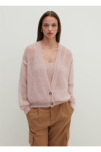 Stefanel V Yaka Oversize Ajurlu Pembe Hırka