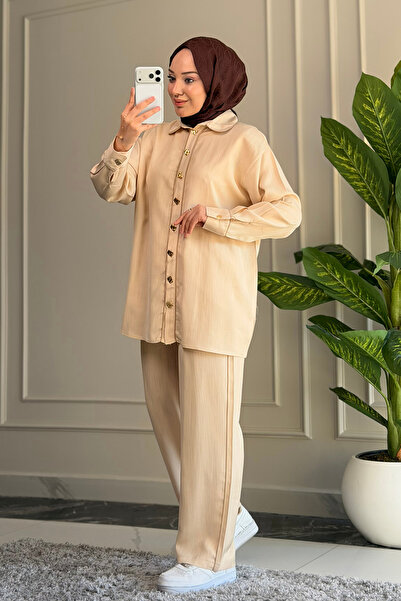 Suede Style 9261 - Şık Rahat Arabiyeli Kadın Saten Pantolon Gömlek Takımı