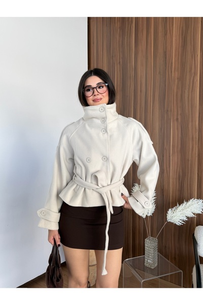 LB Laluna Butik Γυναικεία κασμιρένια καμπαρντίνα με ζώνη, τσέπες και όρθιο γιακά