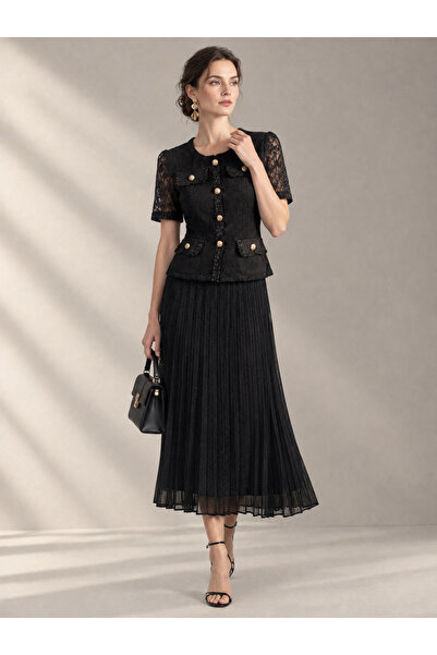 Greneric Women's Sophisticated Lace Midi Dress – Pleated Elegant Dress with D...