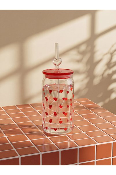 LC Waikiki Heart Patterned Glass Strawed Glass 480 ml