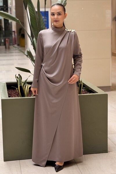 Matex Satin Evening Dress with Brooches on the Shoulder and Waist