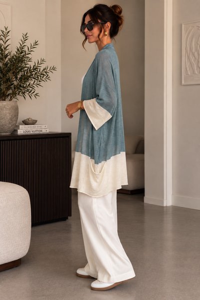 THIRTEEN SELECT Women's Kimono Blue White Long Loose Knitwear Cardigan with Pockets