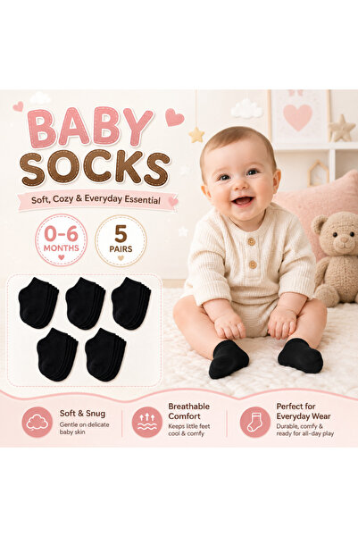 doneel Londony Baby Ankle Socks – Black – 5 Pair Pack – Size 0–6 Months