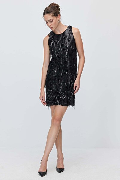 PAULMARK Women's Sequin and Fringe Detailed Sleeveless Mini Stylish Dress