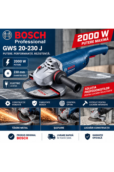 Bosch Γωνιακός Τροχός Επαγγελματικός Polizor GWS 20-230 J, 2000W, Δίσκος 230 ...