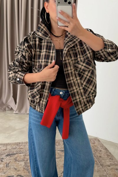 SHILSEE BEUTİQUE Plaid Patterned Inside Lining Standing Collar Short Bomber Jacket Brown-Stone