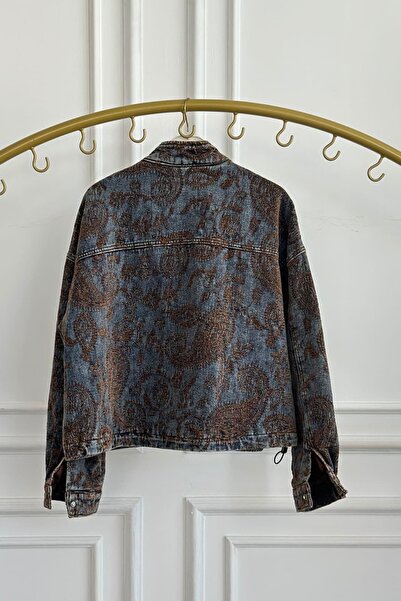 yb yağmur butik Oversize Hakim Yaka Şal Desenli Denim Ceket