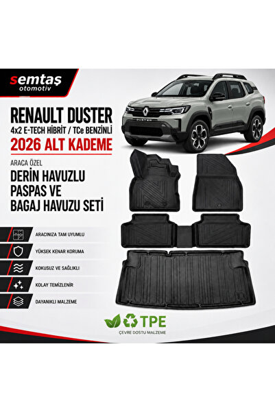Renault Duster 4x2 2026 E-Tech Hibrit / TCe Benzinli Alt Kademe Araca Özel Derin Havuzlu Paspas ve Bagaj Havuzu Seti