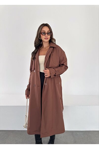 comstar Kadın Klasik Cepli Kuşaklı Trend Midi Kahve Trençkot