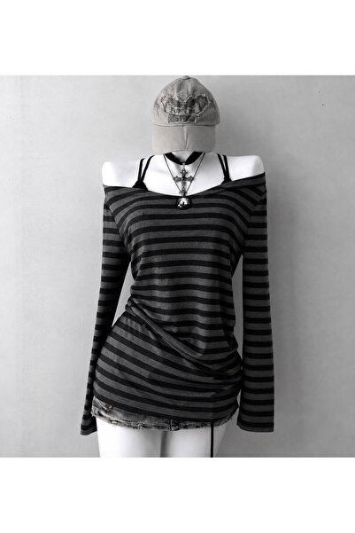 Moonstarcollection Siyah antrasit çizgili ek askılı street Y2k Vintage tam bo...