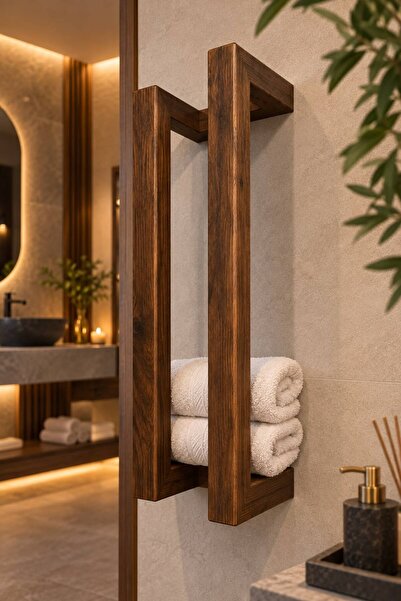 Doğal Ahşap Banyo Havluluk Raf Koyu Meşe Vernik 60*20*15 CM