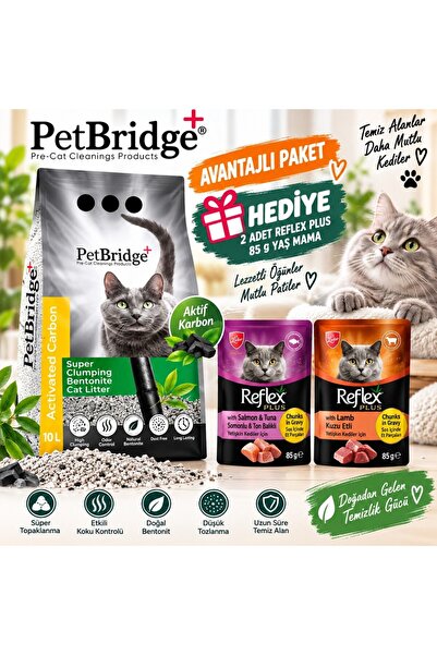 Petbridge Aktif Karbonlu Bentonit Topaklanan Kedi Kumu 10 L + 2 Adet Reflex P...
