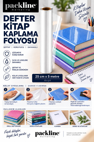 Packline Marketing Şeffaf Kendinden Yapışkanlı Defter Kitap Kaplama Folyosu 25cm x 5metre