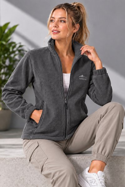 GENIUS STORE Jachetă sport din fleece pentru femei, cu fermoar complet, guler înalt, buzunare, pentru exterior, casual