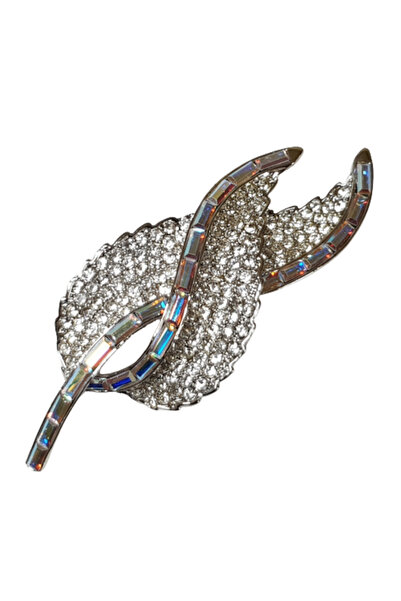 Nafpro Broșă elegantă în formă de frunză cu strasuri, Argintie 7,5x2,5 cm