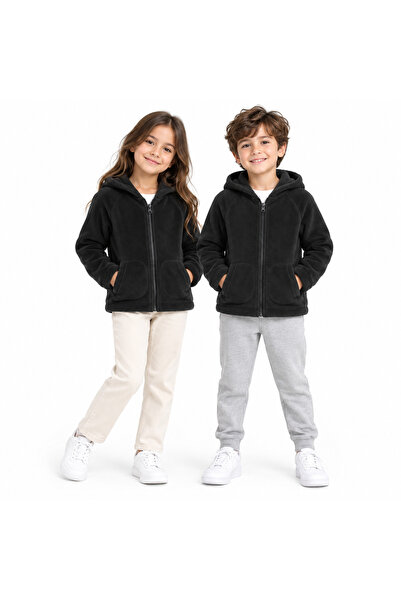 DESIGN Çocuk Kapüşonlu Fermuarlı Polar Ceket Unisex Cepli Siyah Okul ve Günlük Kullanım