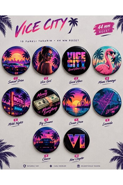 Genel Markalar GTA VI rozet 44 mm Retro Miami Rozet Seti | Neon Vice City Tem...
