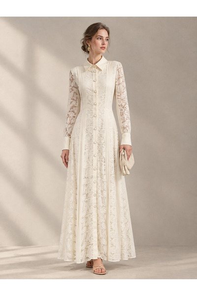 Greneric Women's Elegant Lace Maxi Dress – Stand Collar, Button Front & Embro...