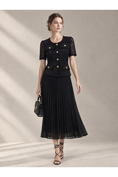 Greneric Women's Elegant Lace Top Midi Dress – Pleated Design with Decorative...
