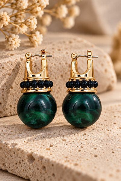 Yaseminli Butik Hareli Green Color Gold Detailed Earrings