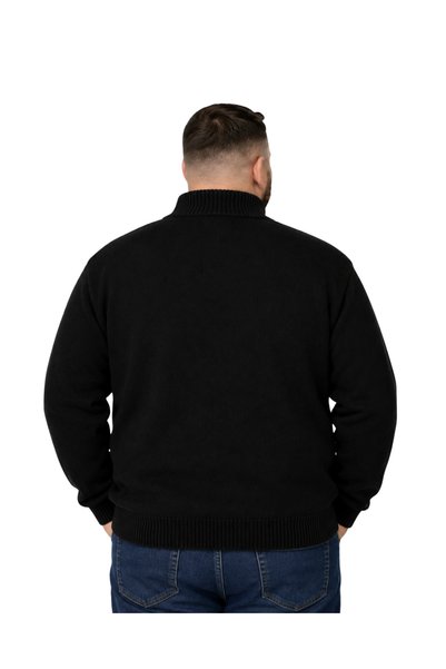 BattalModa Men's Large Size Black Hattush Zippered Stand Collar Knitwear Sweater 3Xl-4Xl-5Xl-6Xl