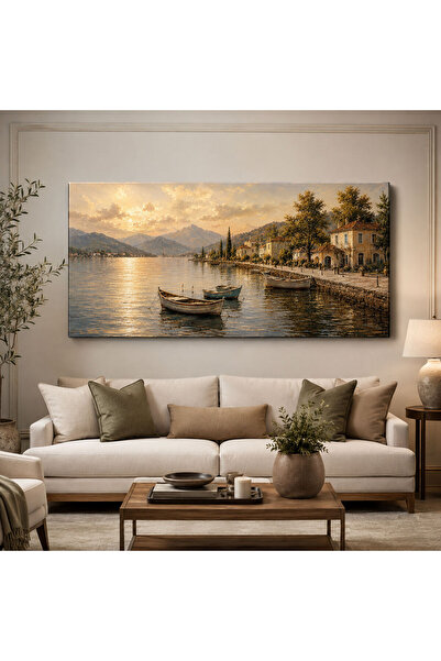 Voovart Nostalji Sahil Kasabası Gün Batımı Manzarası Dekoratif Kanvas Tablo -...