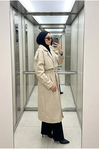 Kirazca Butik معطف نسائي طويل من الجلد الصناعي مع حزام، سترة مزدوجة الصدر للن...