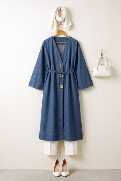 MODAQU Broşlu Yırtmaçlı Uzun Kot Kimono -Mavi