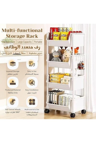 GENERAL 4-Tier Heavy Duty Storage Shelf Organizer with 4 Caster Wheels - Heavy Duty Standing Shelf and 4 Hooks for Books, Toys, Meals, and More