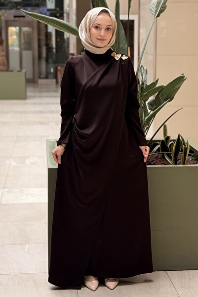 Matex Satin Evening Dress with Brooches on the Shoulder and Waist