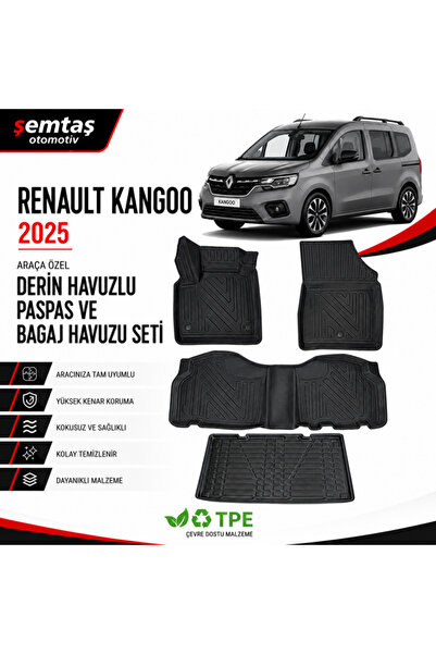 Renault Kangoo Demir Setsiz 2025 Araca Özel Derin Havuzlu Paspas ve Bagaj Havuzu Seti