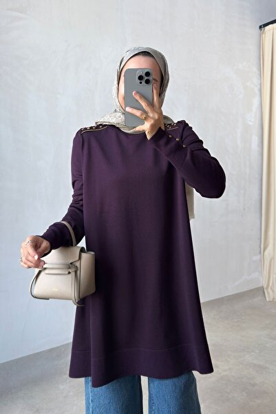 Ka Hijab Omuz Aksesuar Detaylı Merserize Tunik - Mürdüm