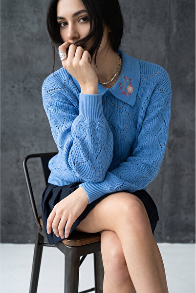 SAYZEN YOUR SHİNE Shirt Collar Embroidery Embroidered Thessaloniki Knit Women...