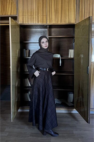 fayaboutique.com Acı Kahve Ekose Desenli Loom Etek