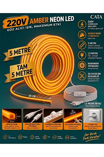 ECONA 5 METRE AMBER 220V Neon LED Şerit ,Tak Çalıştır Set, Fişli Anahtarlı Es...