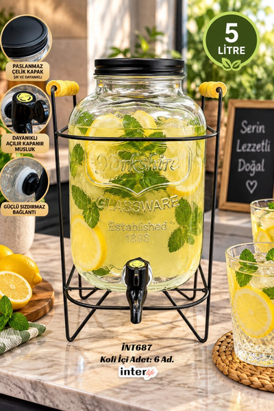 İnterlife 5 Litre Musluklu Cam Şerbet Sebili Sızdırmaz Stantlı İçecek Limonat...