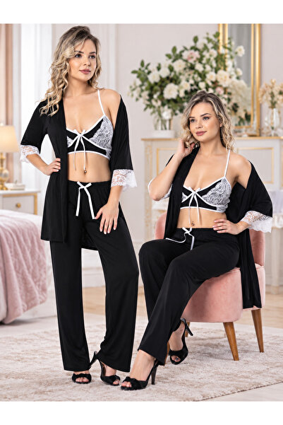 Kadın Siyah Dantel Detaylı Bralet Pantolon ve Sabahlık 3’lü İç Giyim Takımı