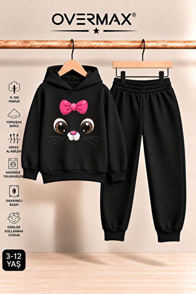 OVERMAX Girl's Hooded Kitten Face Printed Tracksuit Set 3-12 Years