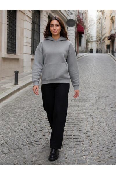 harmony factory Unisex Düz Oversize Kapüşonlu Sweatshirt 3 İplik Şardonlu Gri